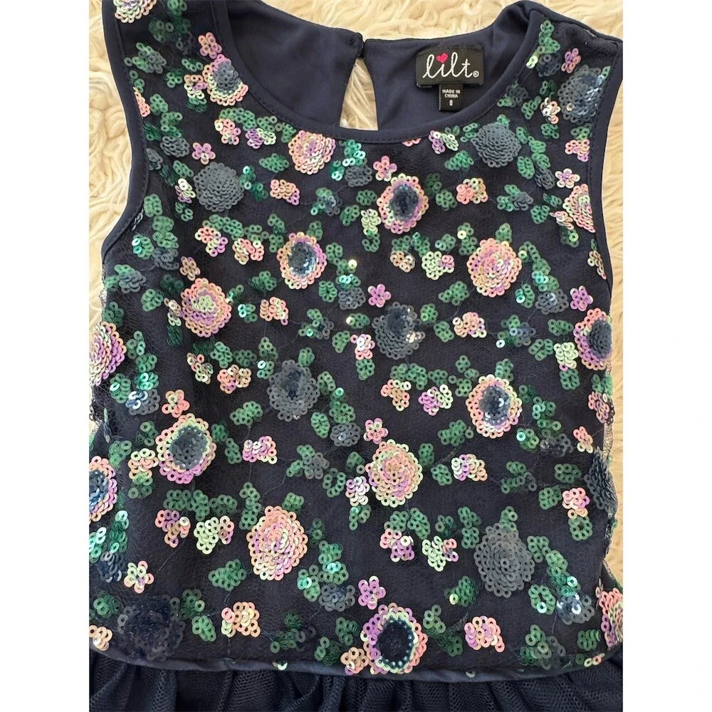 Lilt Girls Dress Size 8 Navy Sequin Floral Bodice Tiered Tulle Party Holiday